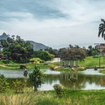 Parque no Rio de Janeiro com lago cercado por vegetação e árvores.